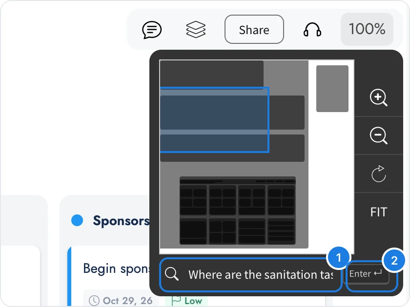 A question typed in the search field of the zoom menu, with the search field and the Enter button numbered