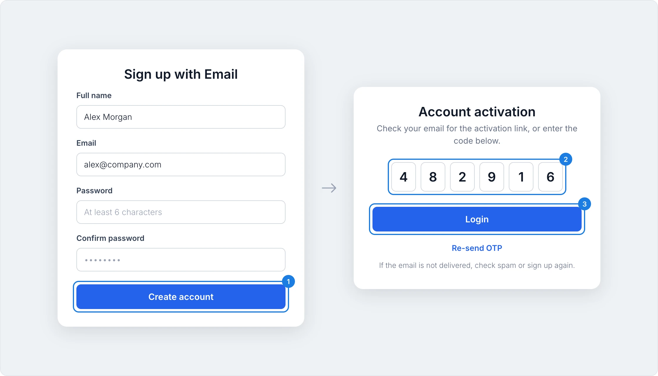 The Sign up with Email form and the Account activation code entry