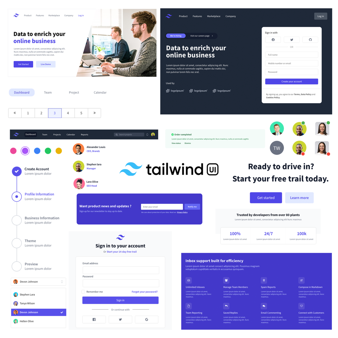 New Tailwind v3 UI Pack: 150+ Wireframe Components