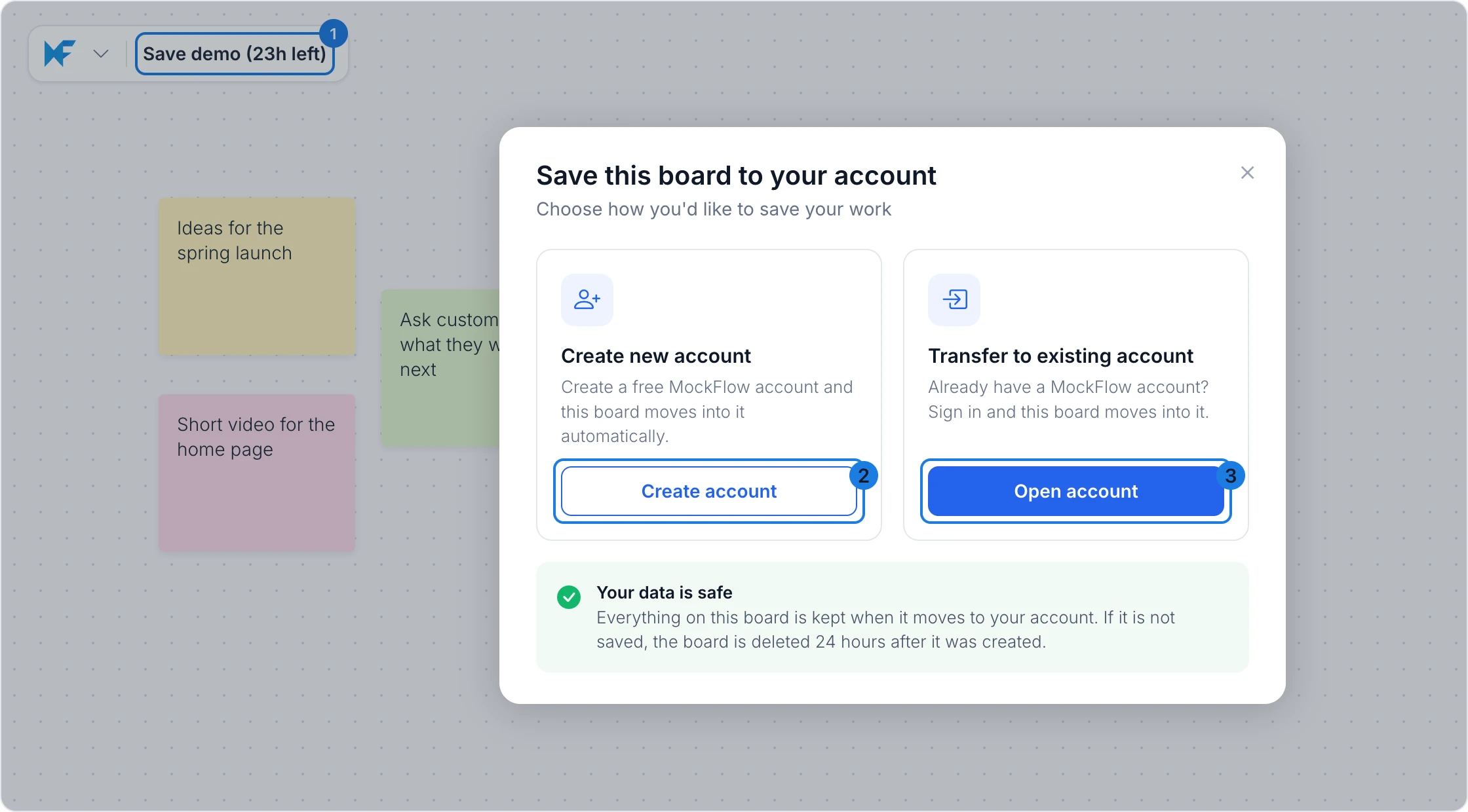 A demo board with its title showing the hours left, and the Save this board to your account dialog with Create account and Open account