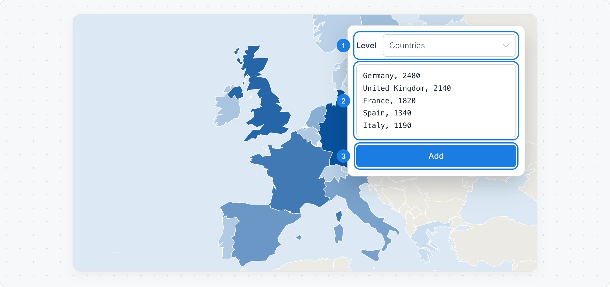 The Add your own region data menu over a region map, with numbered markers on Level, the list of regions and values, and Add