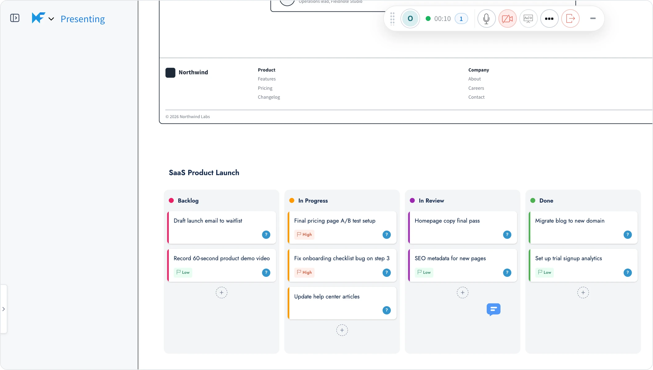 A launch kanban during Live Present, with Presenting shown at the top left and the meeting bar at the top