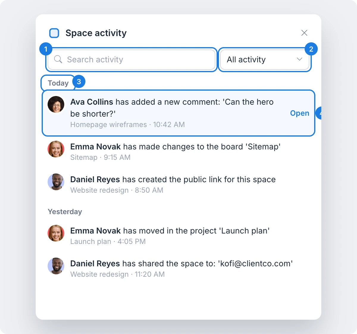 The Space activity panel with Search activity, the category list, the Today heading and an entry with Open marked