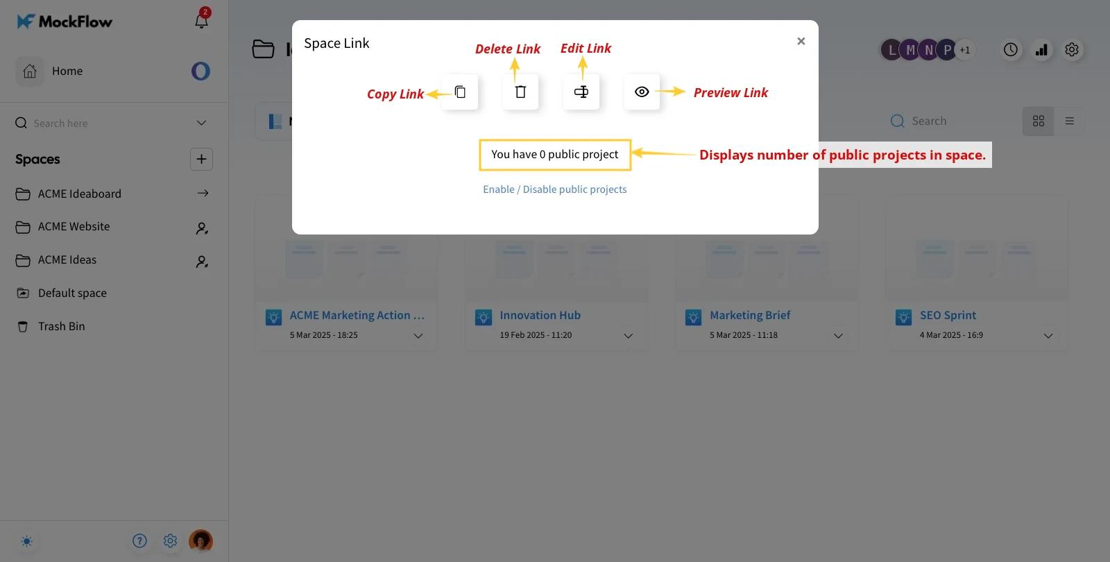 More options in Space link - Create public link in MockFlow IdeaBoard