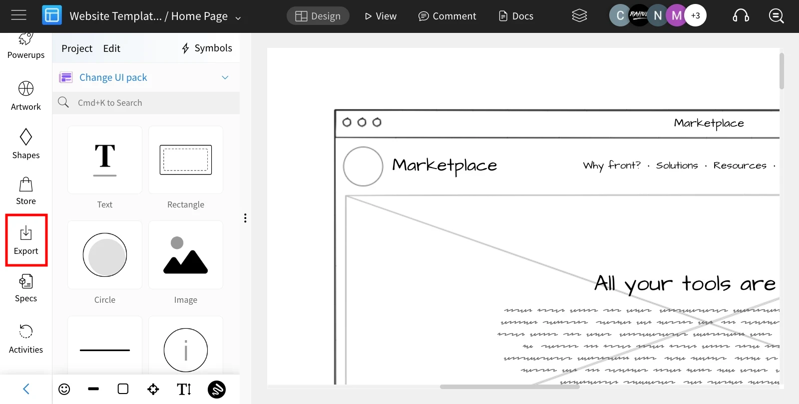 Navigate to export in the WireframePro editor sidebar