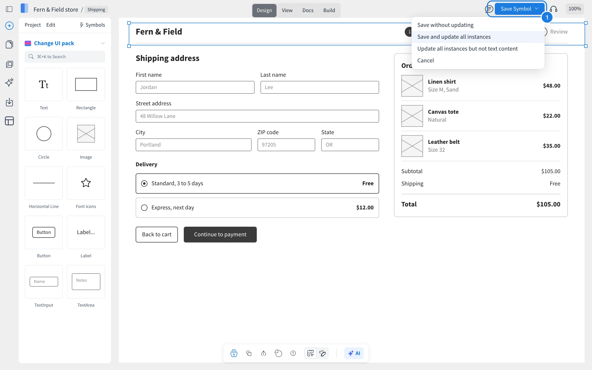Editing the Fern & Field site header symbol, with the Save Symbol menu open (1) showing Save without updating, Save and update all instances, Update all instances but not text content and Cancel