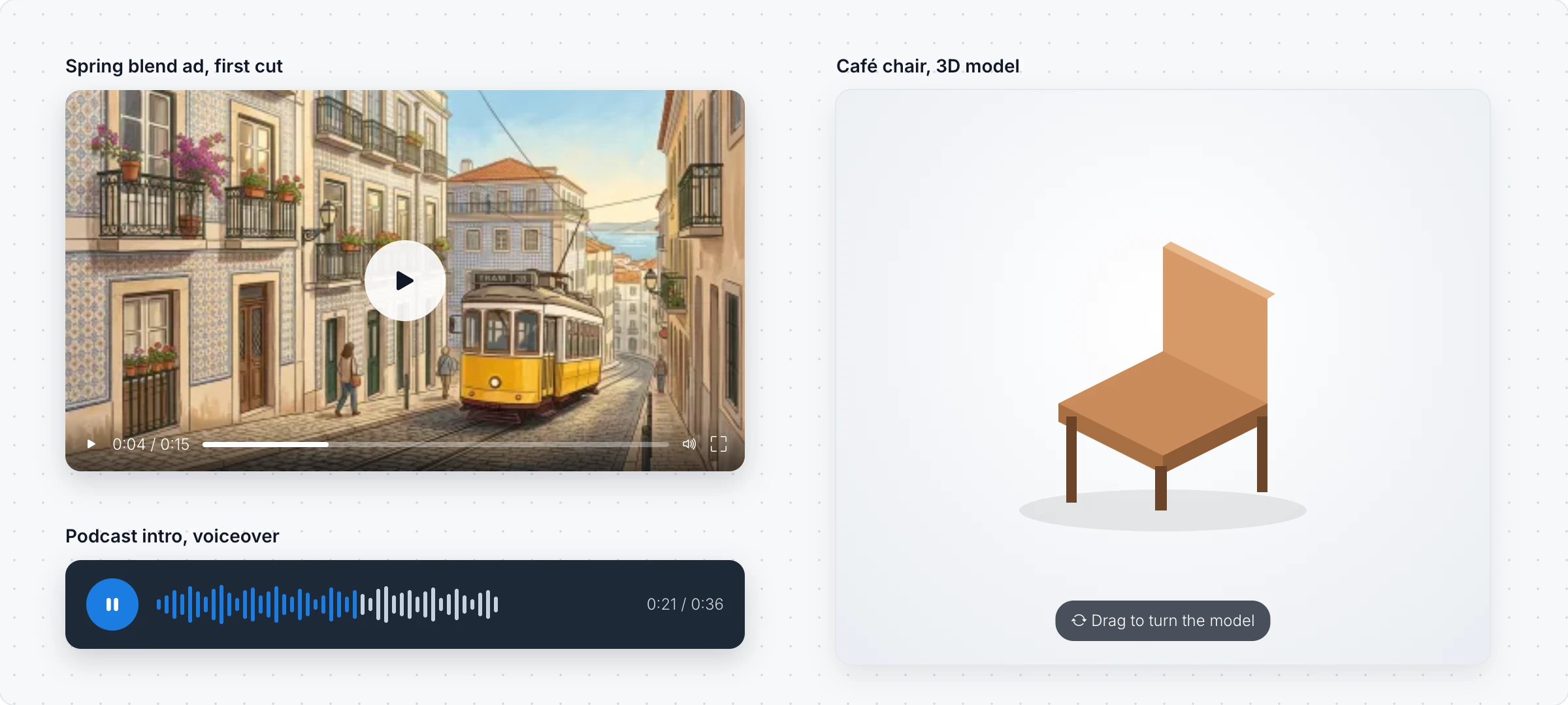 Media on a board: a video player with an ad's first cut, an audio player with a podcast voiceover, and a 3D model viewer showing a café chair