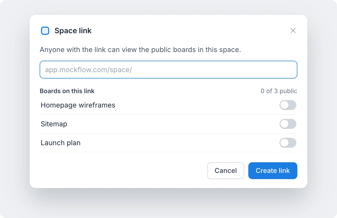 Creating a space link: typing the link name, turning on two boards under Boards on this link, clicking Create link and copying the link