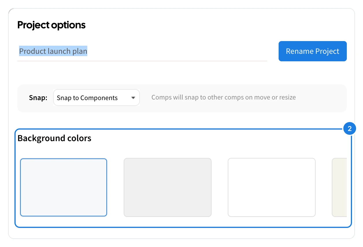 The Project options dialog with the Background colors row marked 2