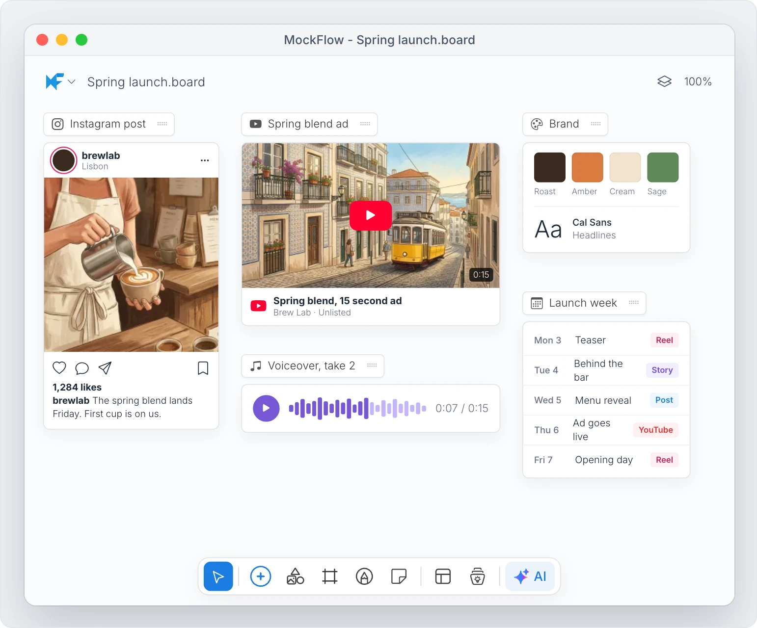 MockFlow Personal Whiteboard on a Mac with a creator's Spring launch board saved as a .board file