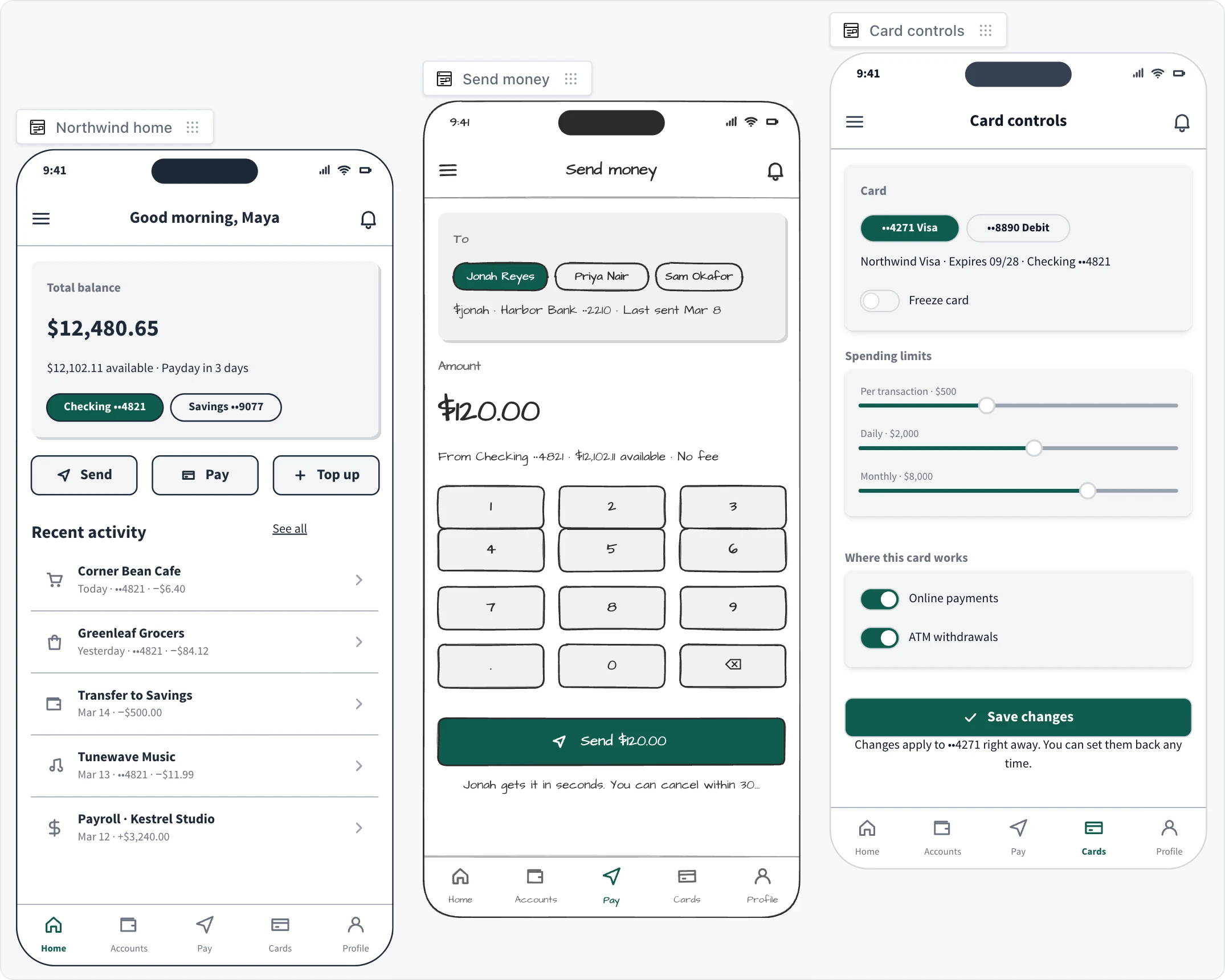 Three phone screens of a banking app side by side on a MockFlow board: a home screen in Outline style, a send money screen in Sketchy style and a card controls screen in Hi-fi style