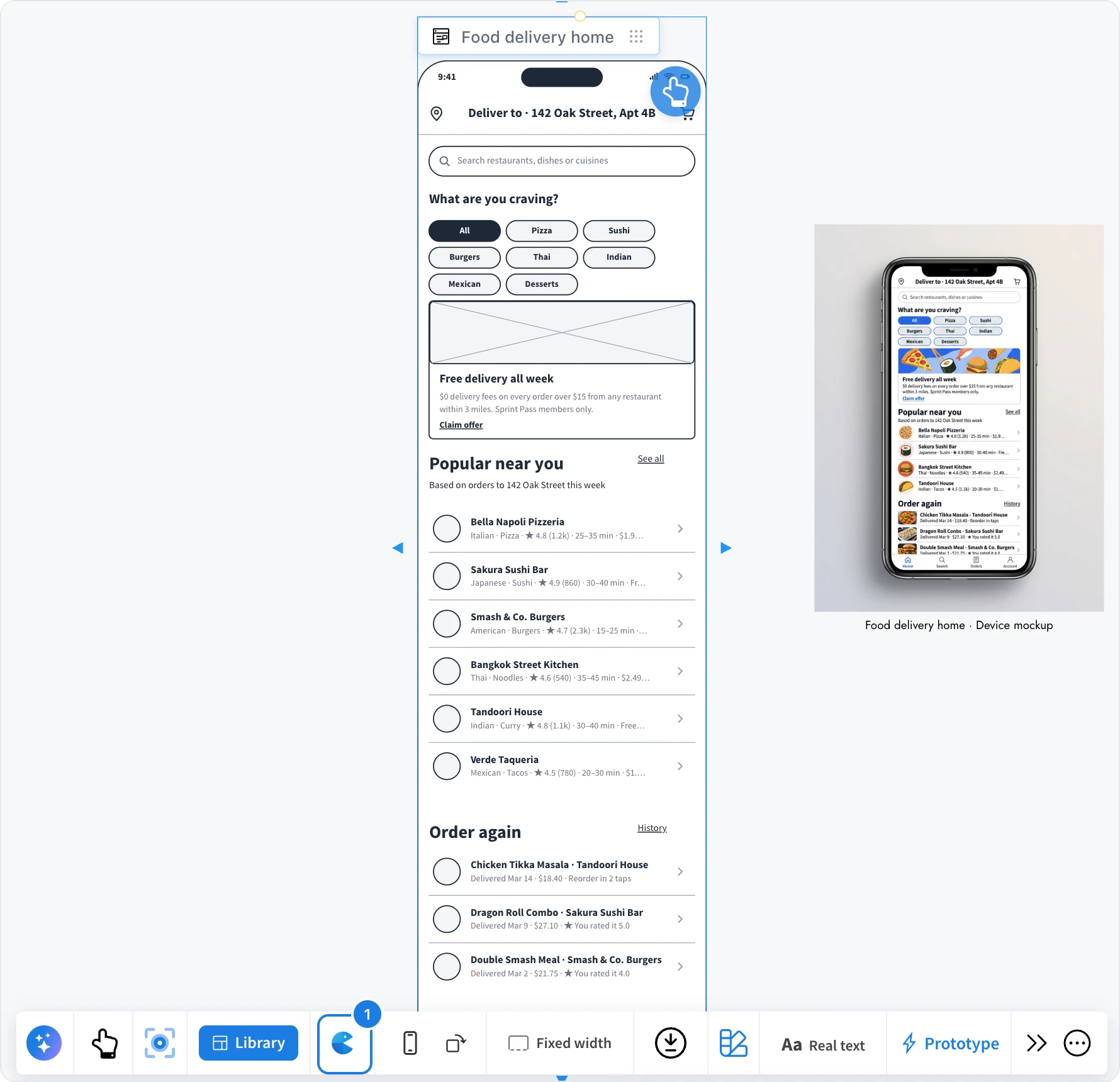 A selected phone wireframe with its toolbar; the Clippy button is numbered