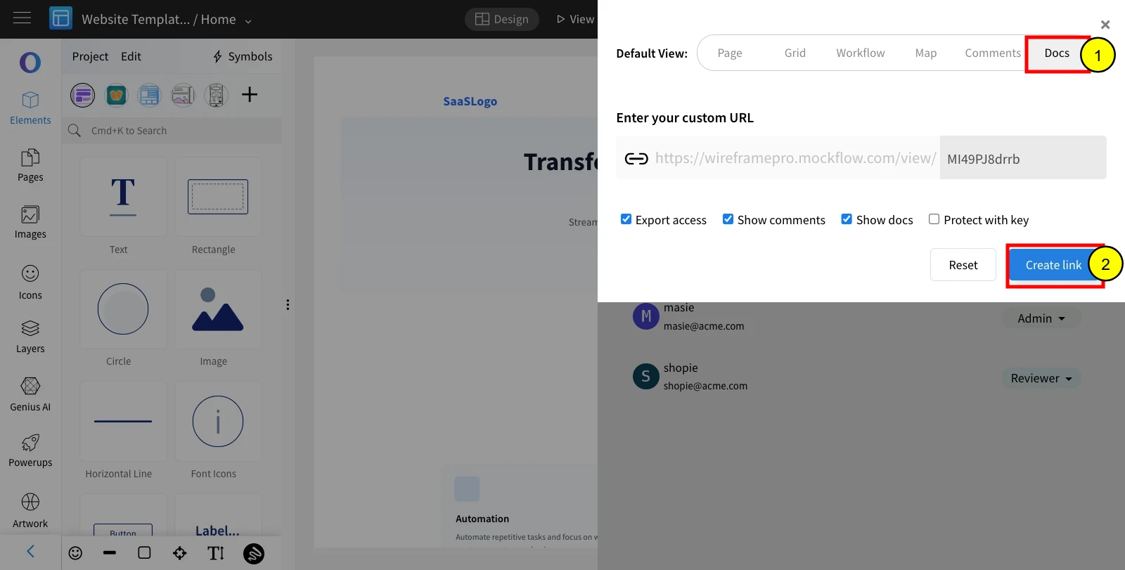 Sharing UX docs method 2 - Choose docs and click on create link