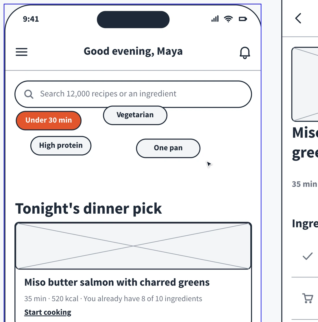 Shift+clicking four scattered filter chips in a recipe app wireframe, choosing Stack them to line them up, then opening Properties and raising Spacing to space them out
