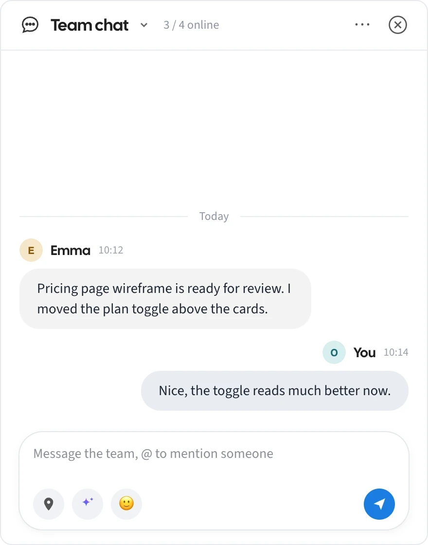 In team chat, typing @ opens the Mention someone list, so filters it to Sofia and the message is sent with her name; Sofia then sees an @ badge, a "Olivia mentioned you" toast and the message highlighted in her chat