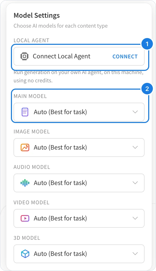 Model Settings with the local agent and the main model marked