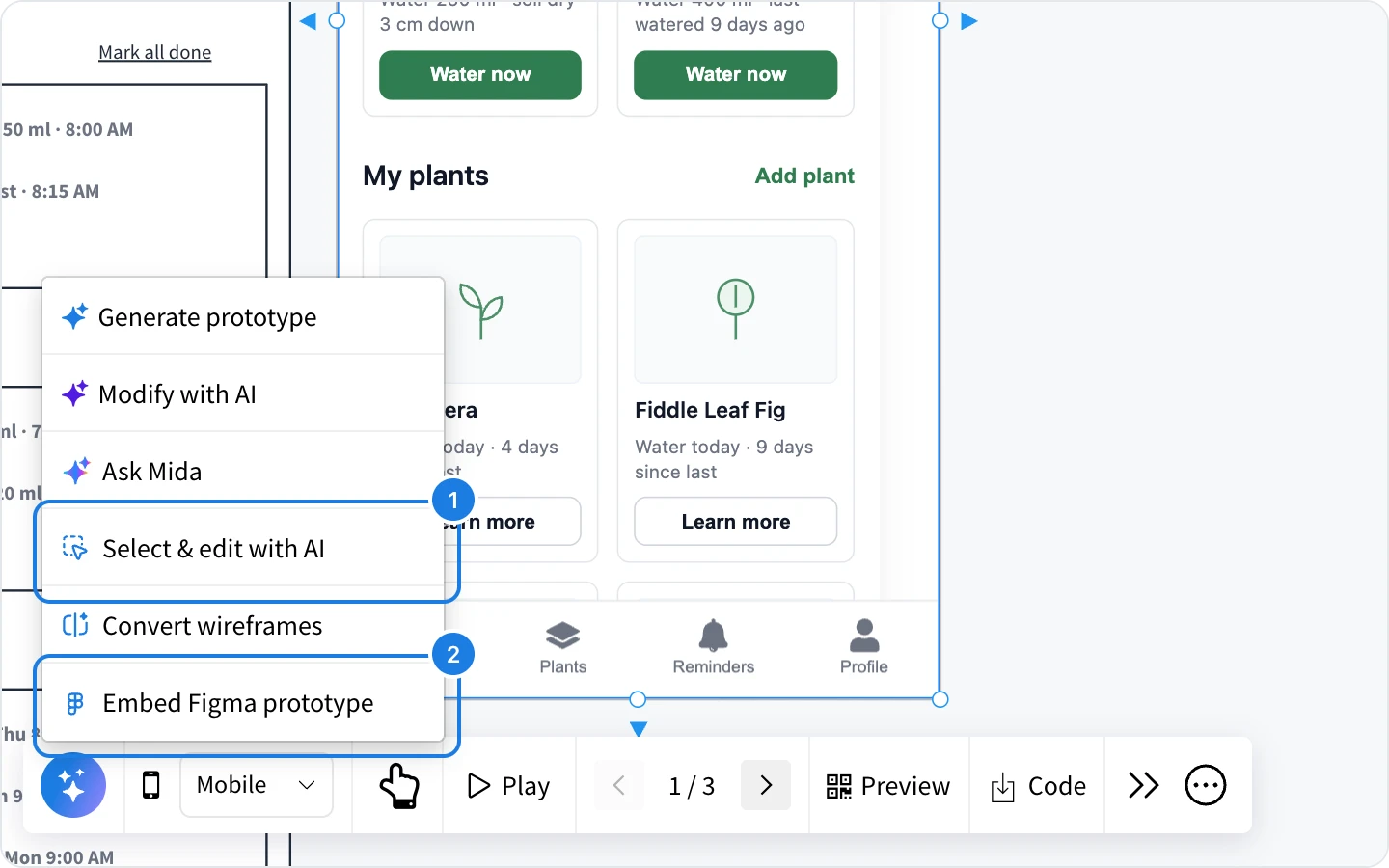 The prototype AI menu with Select and edit with AI and Embed Figma prototype numbered