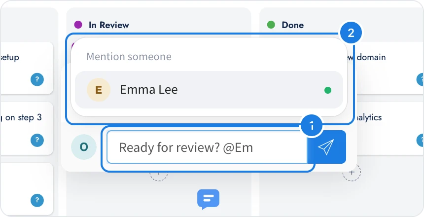 A new comment on a launch kanban with Ready for review? @Em typed and the Mention someone list offering the teammate