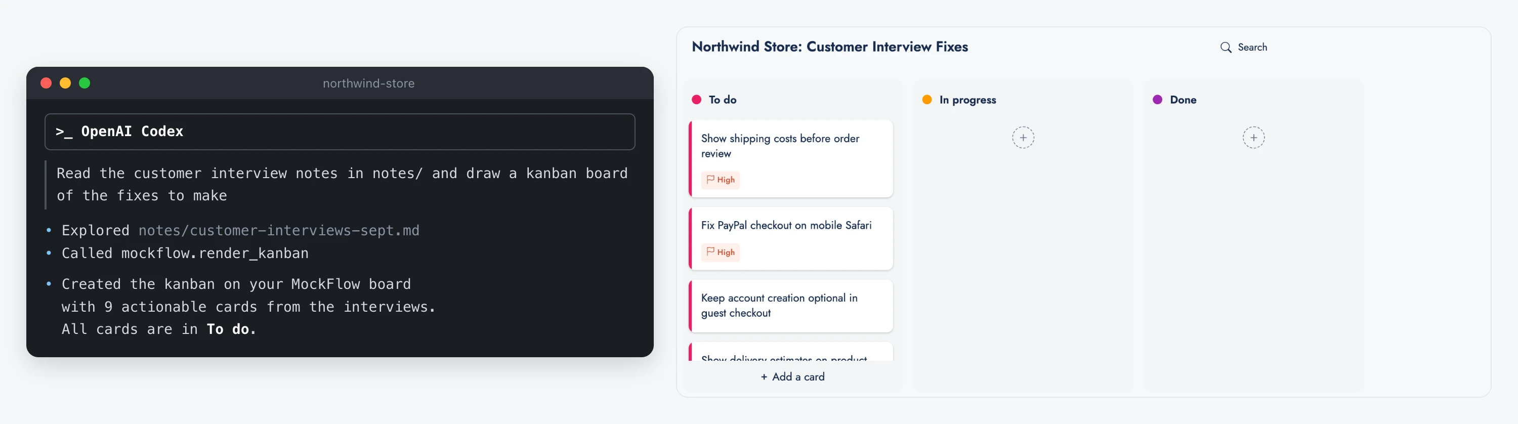 On the left, a Codex session in the northwind-store project: the request to read the customer interview notes and draw a kanban board of fixes, then Codex reading the notes and drawing on the board. On the right, the kanban board on MockFlow with fixes such as Show shipping costs before order review and Fix PayPal checkout on mobile Safari in To do