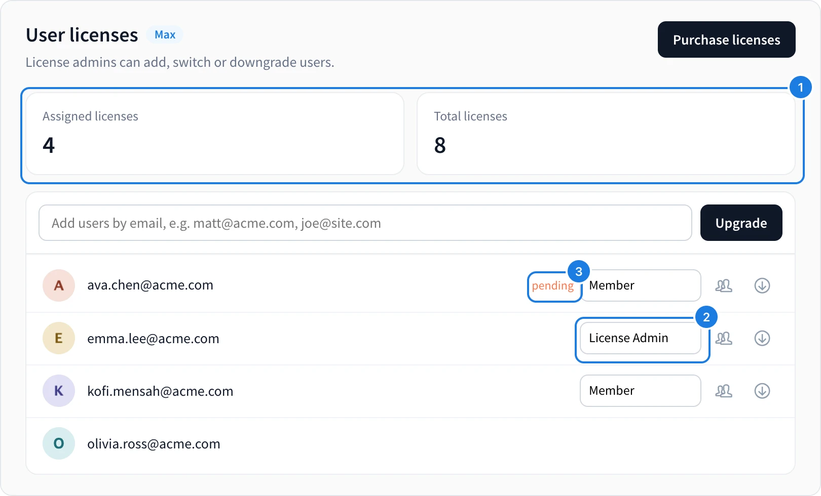User licenses with the license counts, a teammate's role and a pending invite marked
