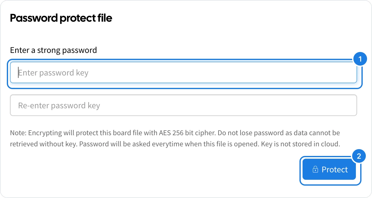 The Password protect file dialog with the password fields and Protect marked