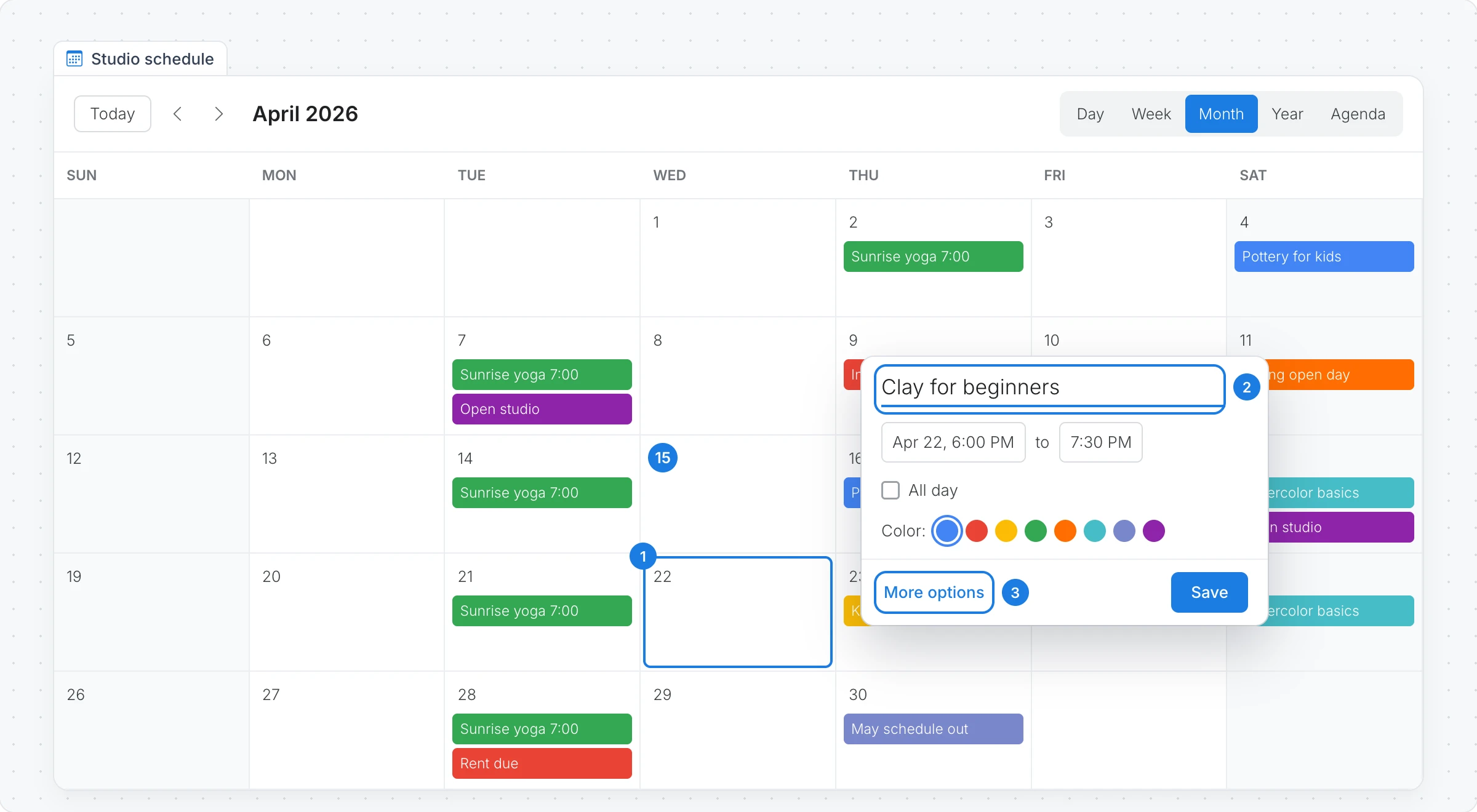 A calendar with numbered markers on a clicked day, the new event's title and More options in the quick event popup