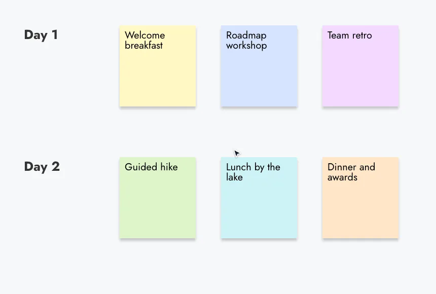 Dragging a selection box from the empty canvas around the Day 2 label and its three sticky notes, then dragging the selected items down the board together