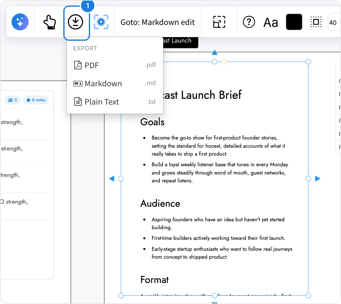 A launch brief document with its export menu open: PDF, Markdown and Plain Text