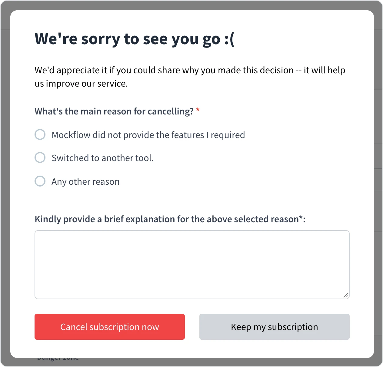The cancellation dialog with reasons and the Cancel subscription now and Keep my subscription buttons