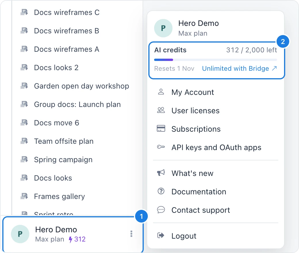 The credit count in the sidebar footer and the AI credits card in the account menu, numbered