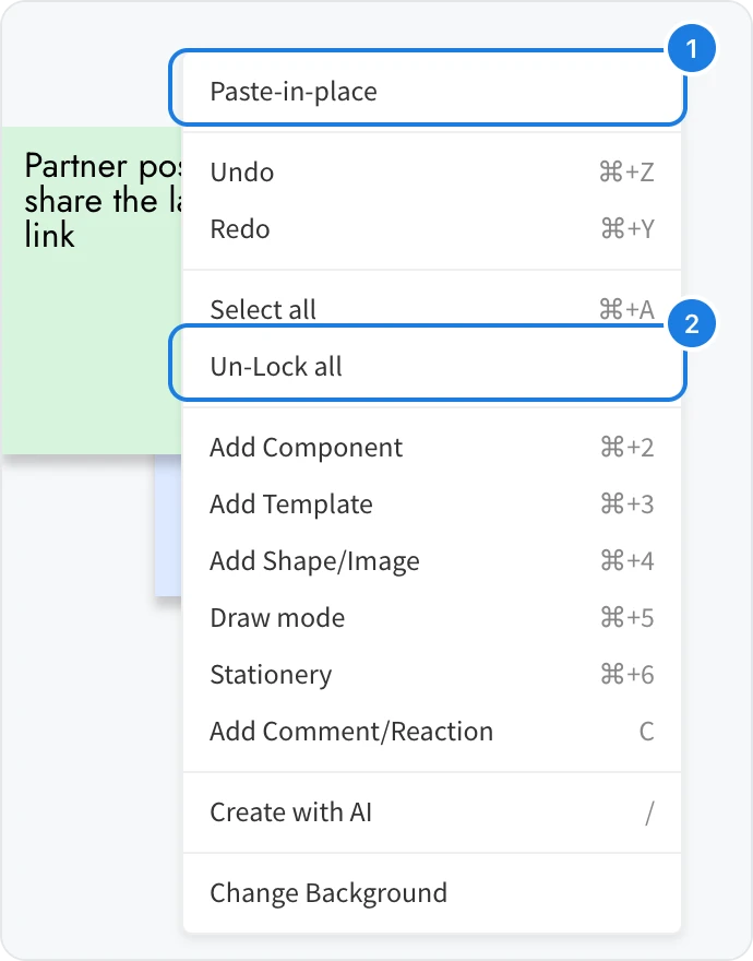 The right-click menu of the empty canvas, with Paste-in-place and Un-Lock all numbered