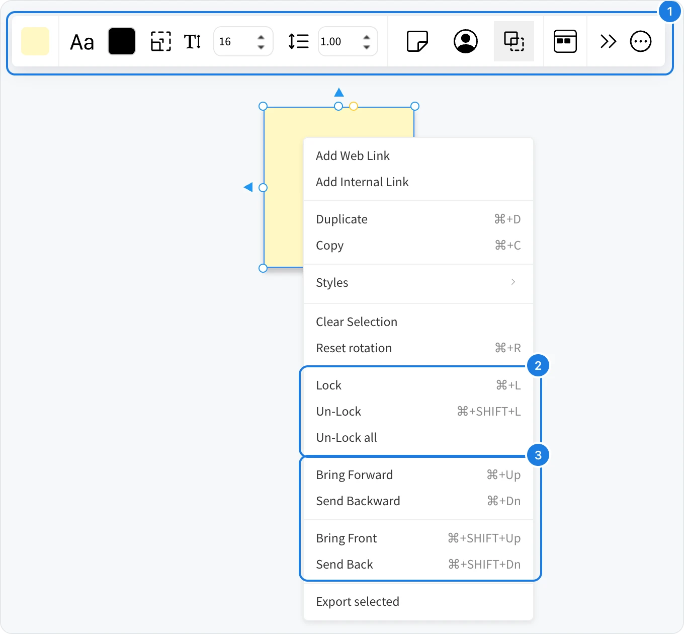 A selected sticky note with its quick settings bar above it, and the menu that opens on a right-click