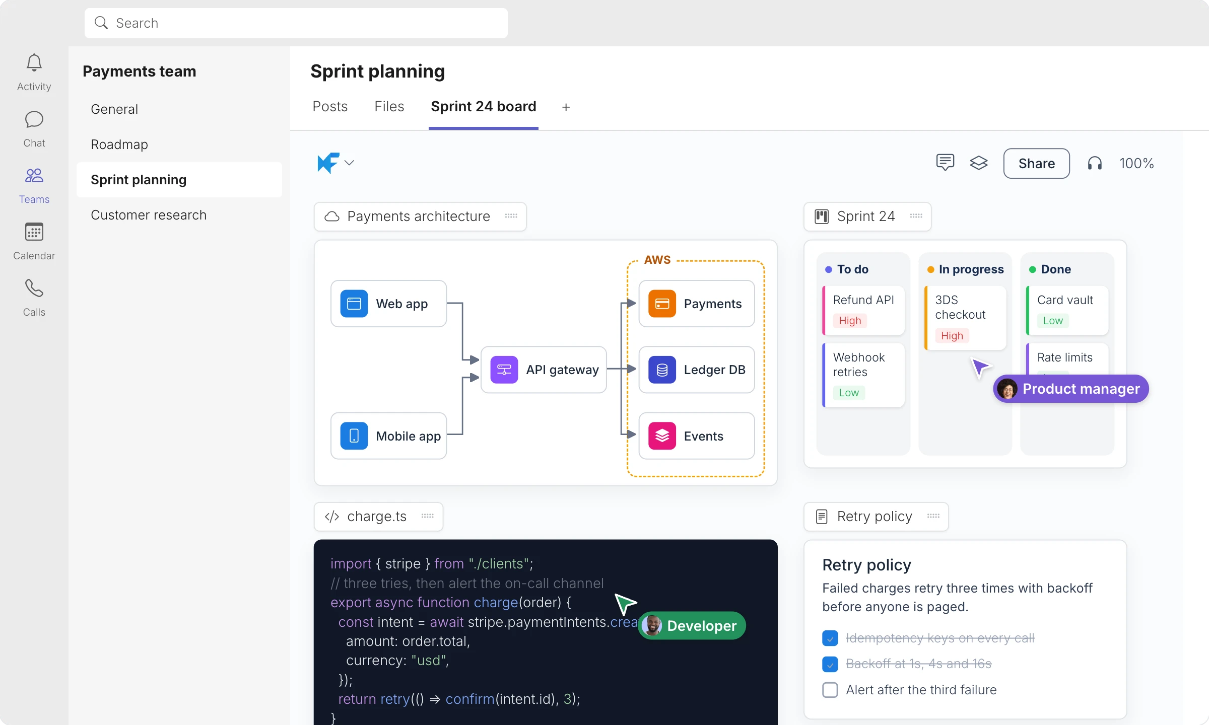 A Sprint 24 board added as a tab in the Sprint planning channel of a Payments team in Microsoft Teams