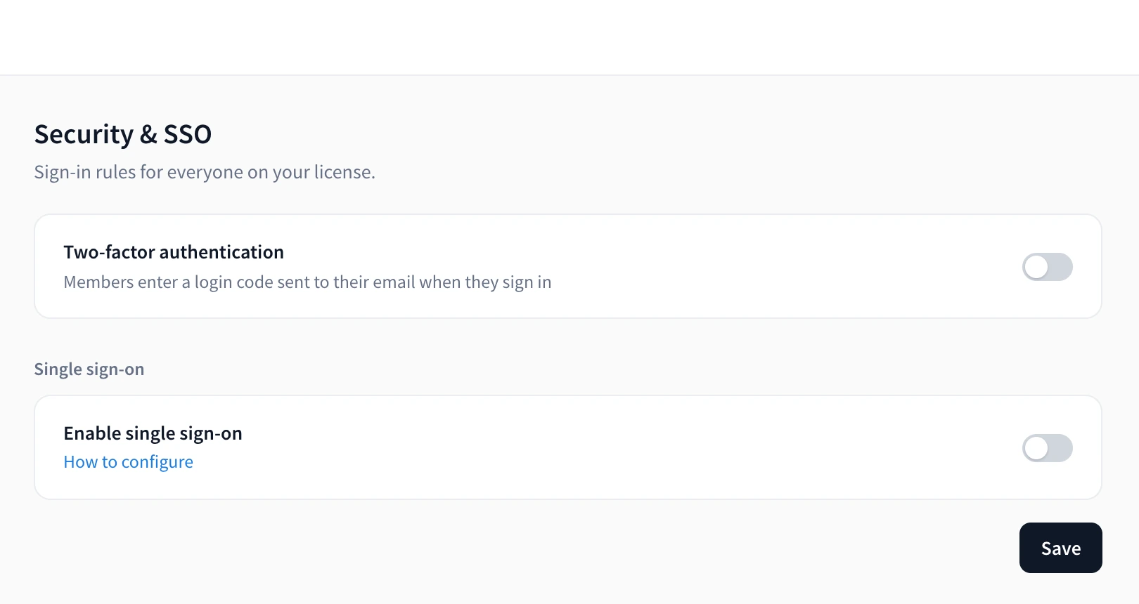 Switching on Two-factor authentication in Security & SSO and the confirmation that 2FA is enabled for all team members