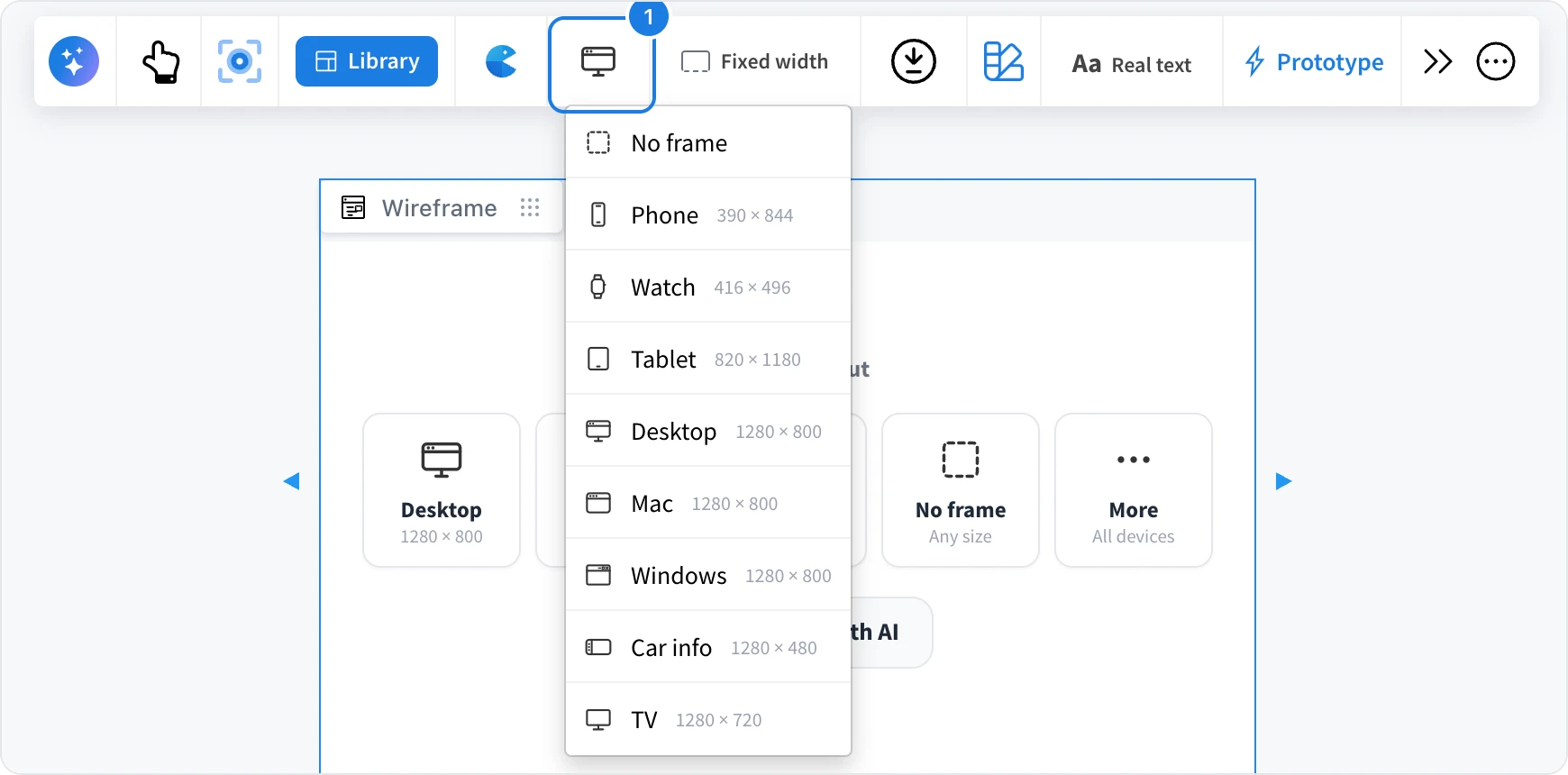 The device menu of a selected Wireframe open, listing No frame, Phone, Watch, Tablet, Desktop, Mac, Windows, Car info and TV