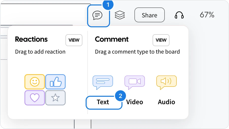 The Comments menu with the comment icon and the Text comment type marked