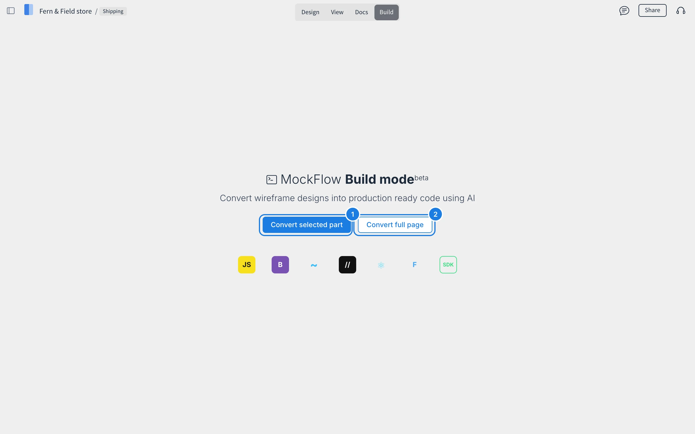 The Build tab of the Fern & Field store with MockFlow Build mode, Convert selected part (1) and Convert full page (2), and the code targets below