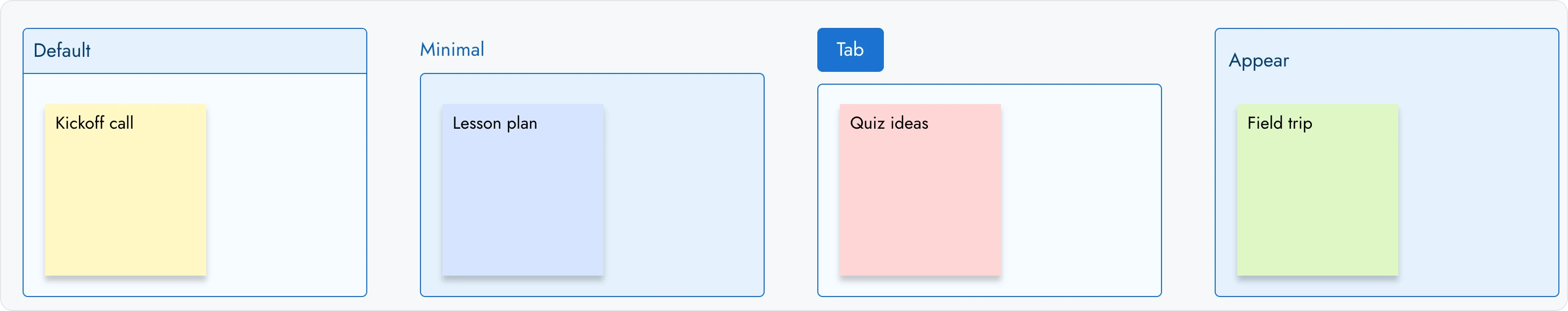Four sections with the MockFlow theme, one in each layout style: Default, Minimal, Tab and Appear