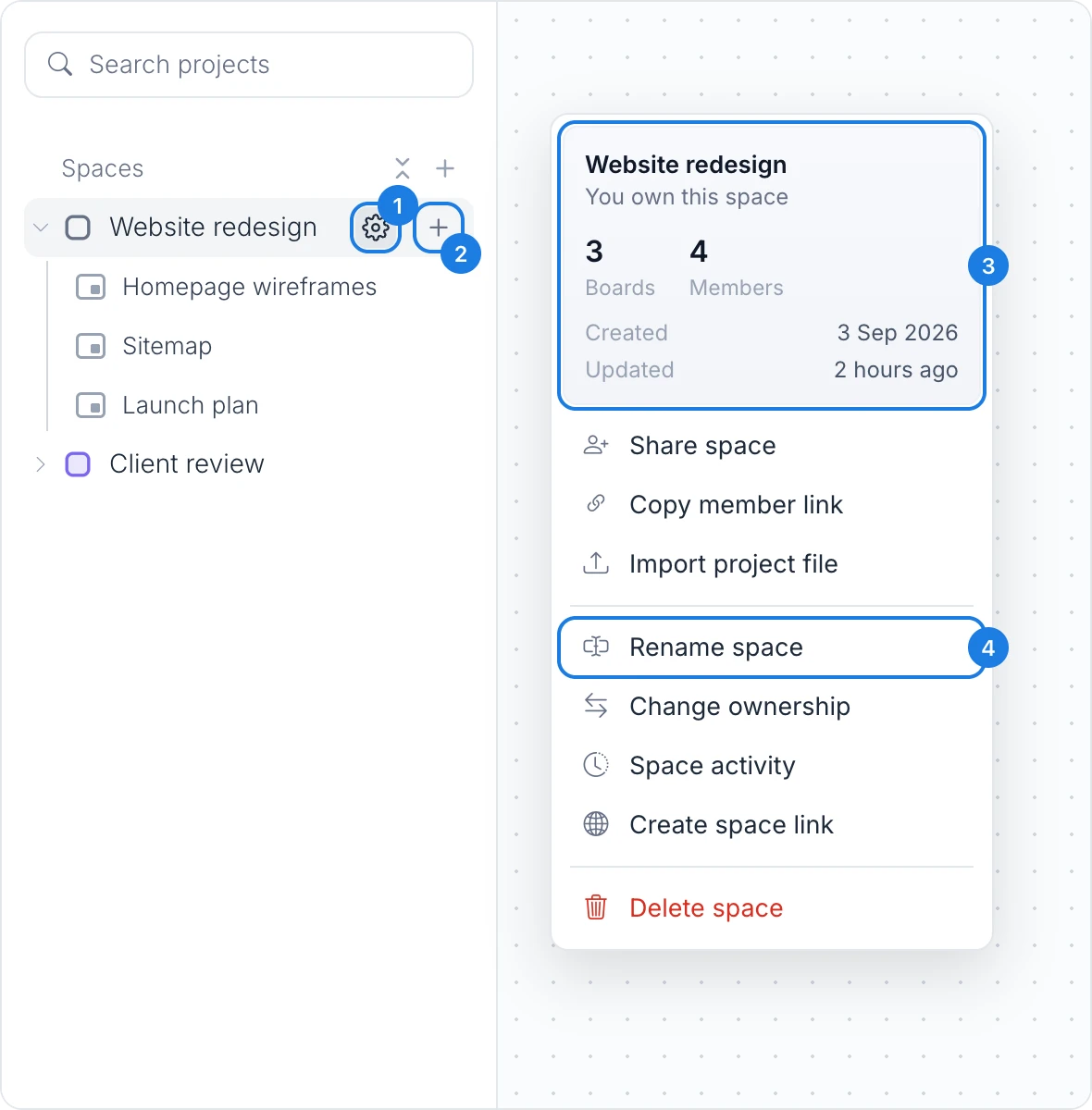 The settings menu of a space, with the settings button, the New in space button, the space summary and Rename space marked