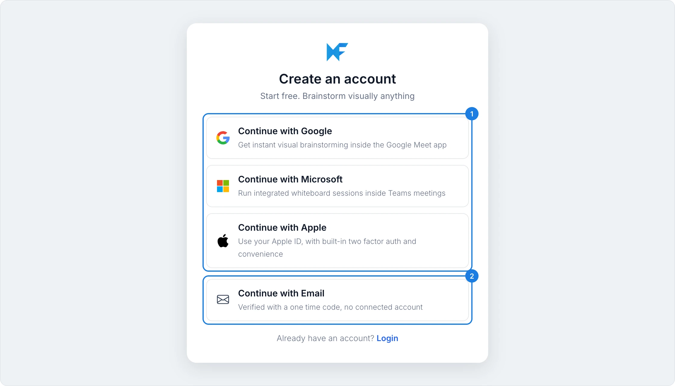 The Create an account window with Continue with Google, Microsoft and Apple, and Continue with Email