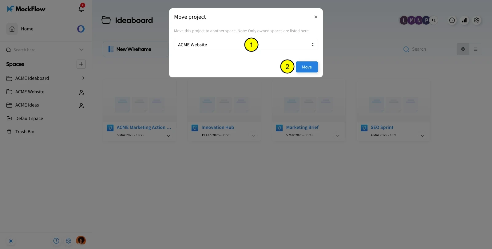 Choose Move to transfer the Boards - Moving Boards in MockFlow IdeaBoard