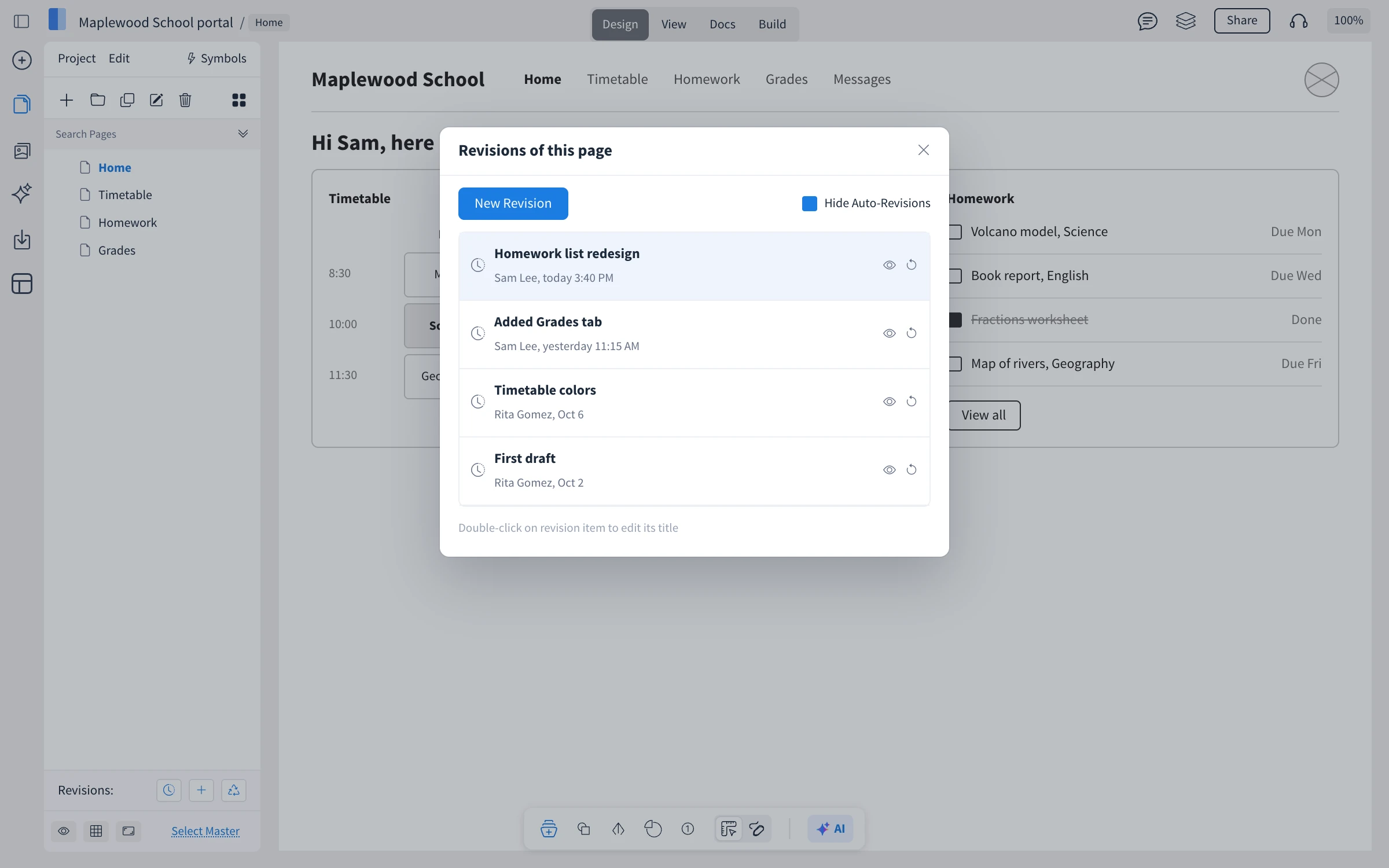 Revisions of this page for a school portal home page, with New Revision, Hide Auto-Revisions and checked-in revisions such as Homework list redesign, Added Grades tab, Timetable colors and First draft