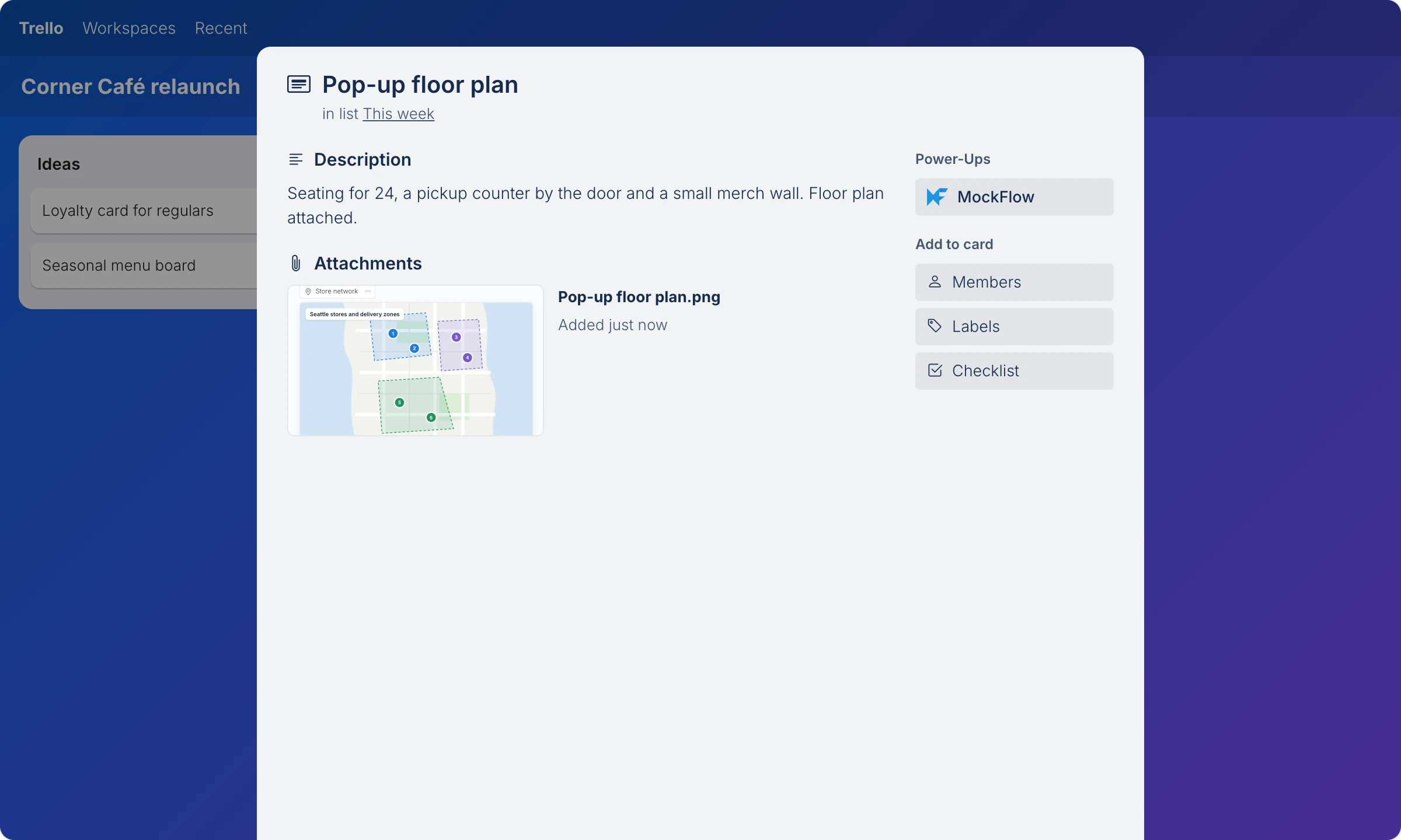 The Pop-up floor plan card in Trello with the MockFlow Power-Up button and the floor plan board attached as an image