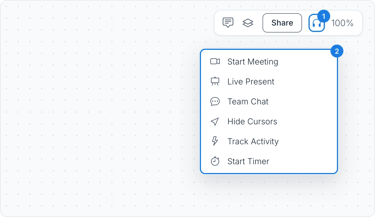 The collaboration menu open under the headphones button, listing Start Meeting, Live Present, Team Chat, Hide Cursors, Track Activity and Start Timer