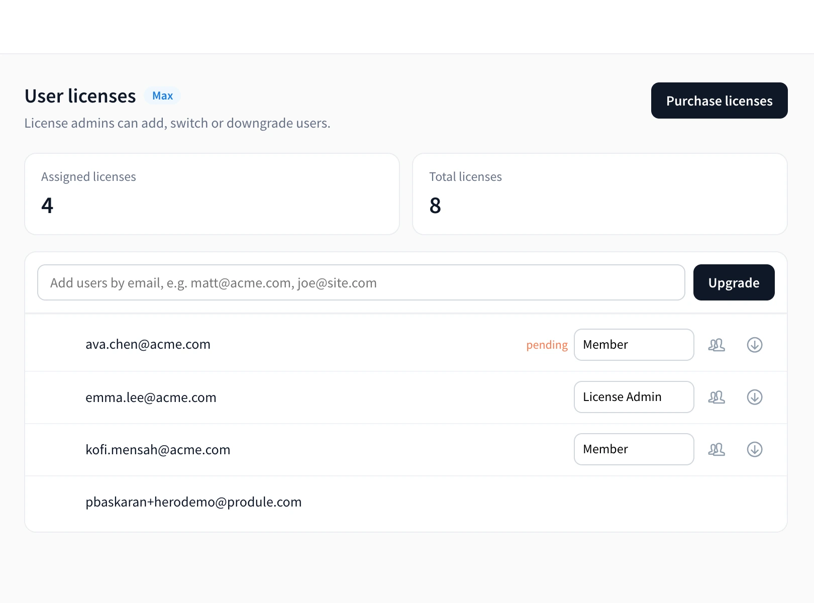 Typing a teammate's email in User licenses, clicking Upgrade and the teammate appearing as pending