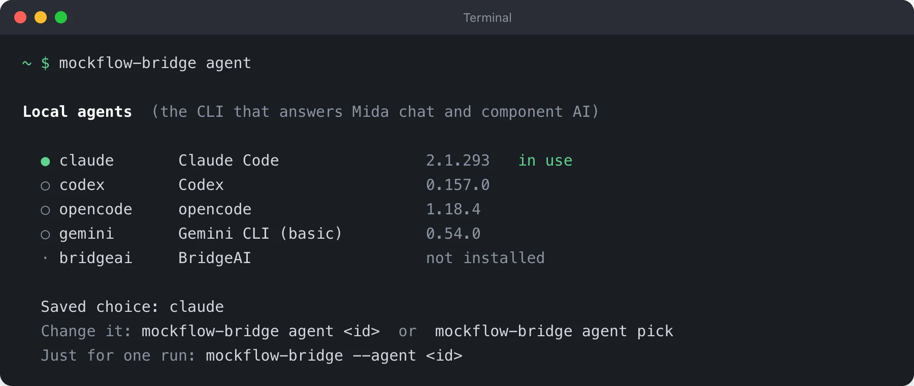 The output of mockflow-bridge agent in a terminal: a list of local agents with Claude Code marked in use, and Codex, opencode, Gemini CLI and BridgeAI listed below it, followed by the commands to change the agent