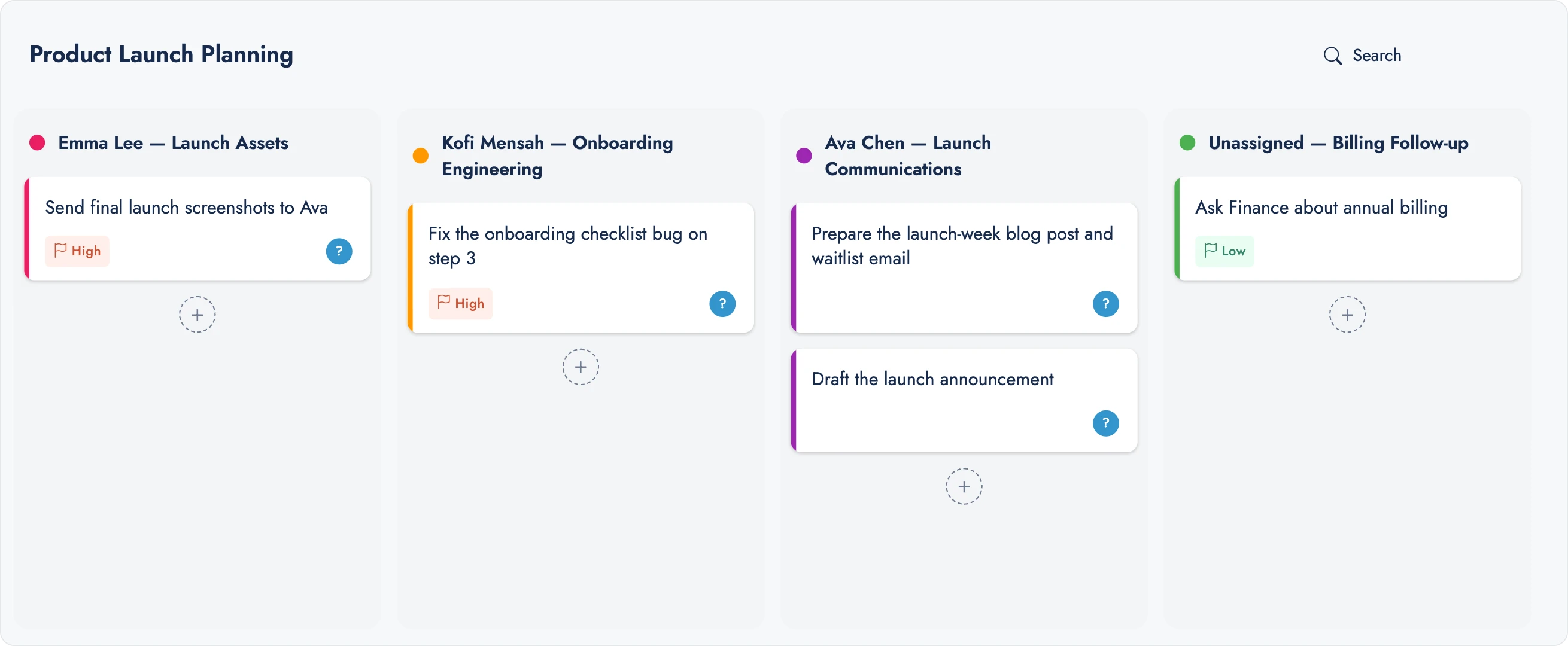 A kanban Mida built from two tables, with a lane for each owner