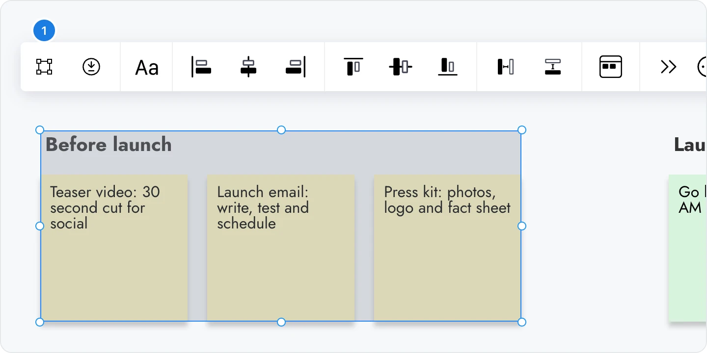 Four items selected on the board, with Group items marked as the first button in their toolbar