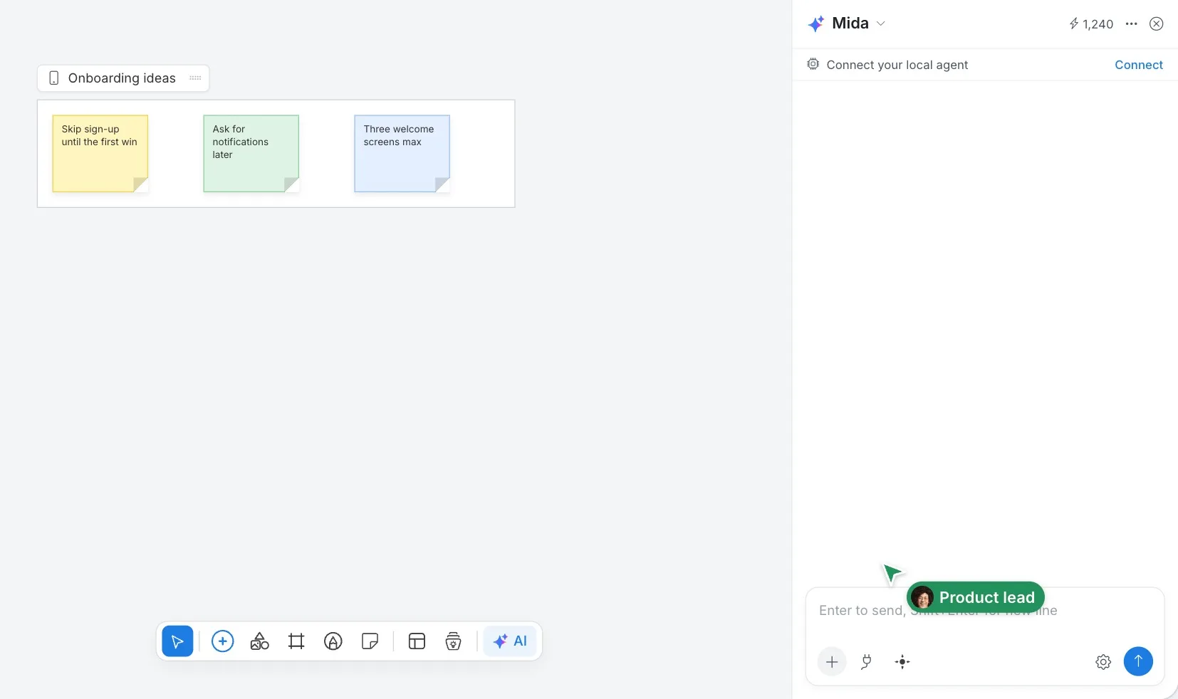 Opening the Concept Builder Library from the toolbar, choosing New, then Generate with AI, describing mobile app onboarding flows, Mida drafting an Onboarding Flow Designer, saving it and finding it under Team