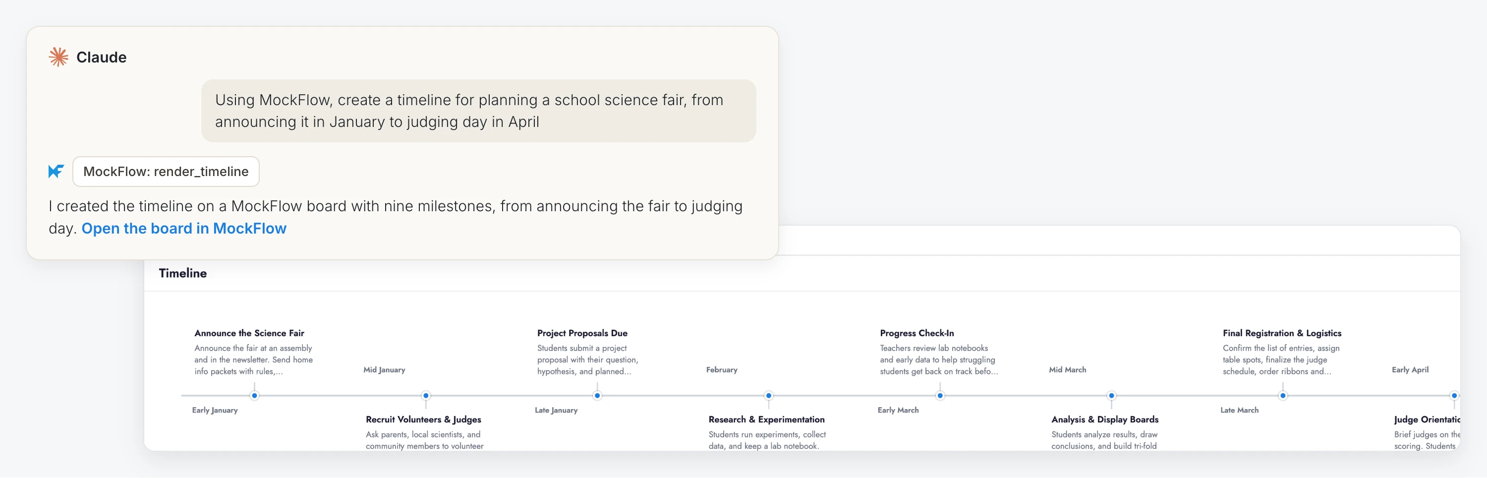 A Claude conversation asking, using MockFlow, for a timeline to plan a school science fair. Claude calls MockFlow's timeline tool and replies with a link to open the board, and the timeline appears on a MockFlow board below with milestones from announcing the fair to judging day